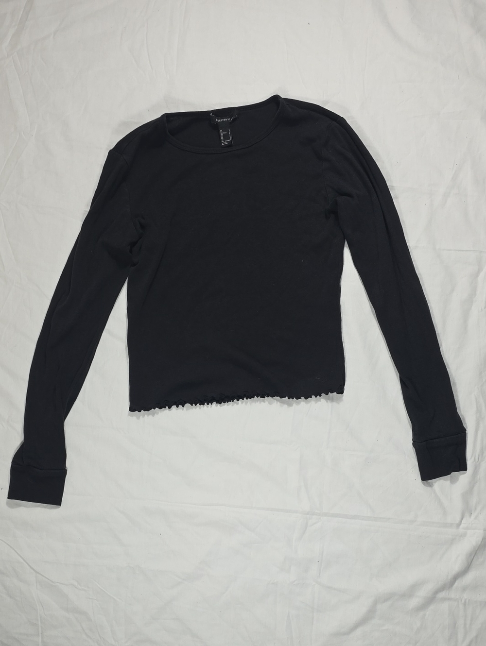 Forever 21 Black Ribbed Long Sleeve Crew with Lettuce Hem